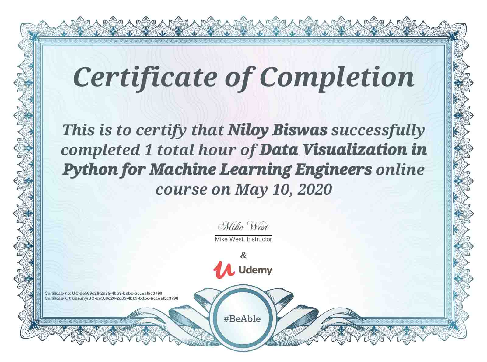 Niloy Biswas Python for Machine Learning Certificate